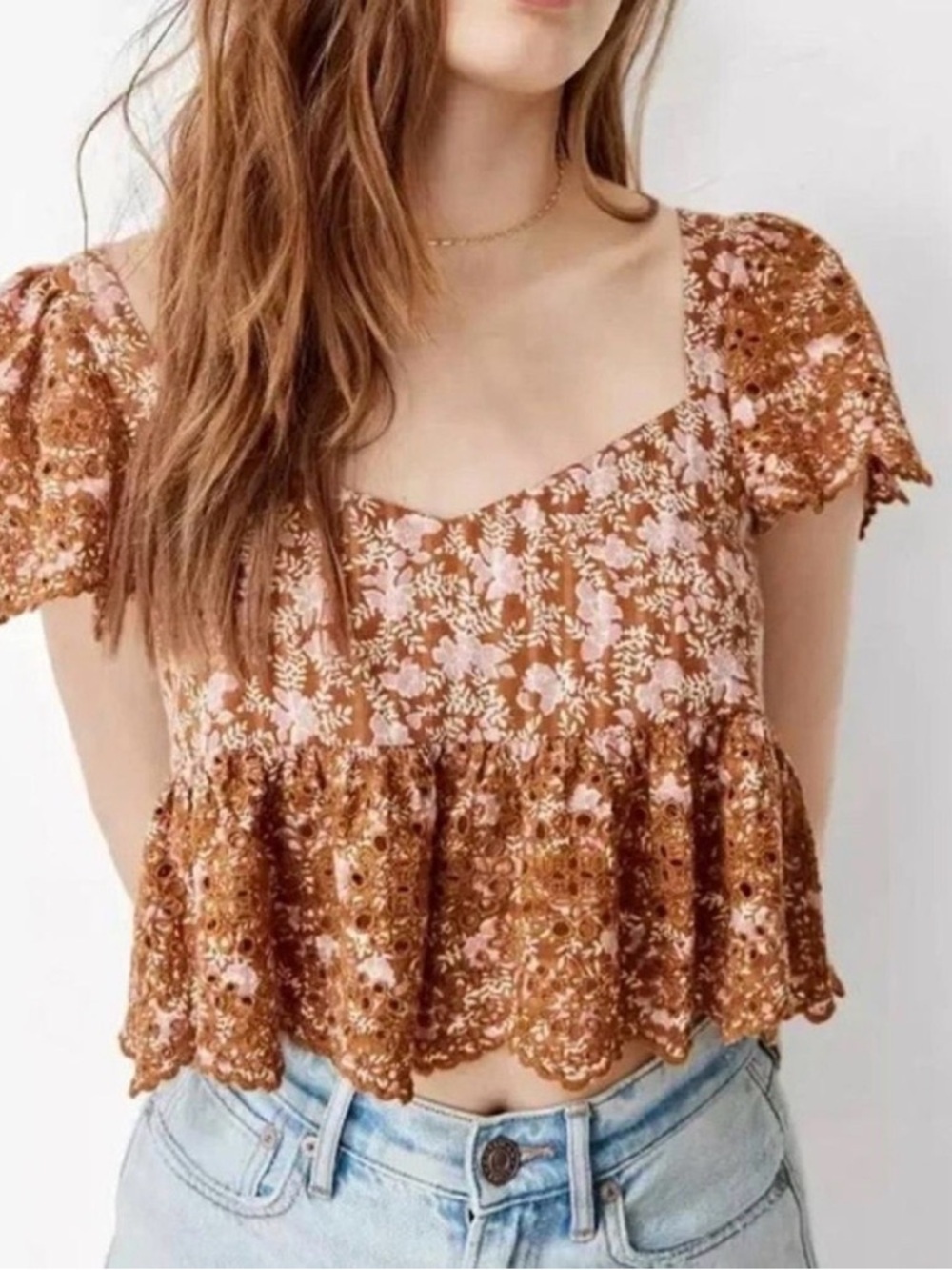 American Eagle Boho Beauty Sz M Rust & Pink Floral Eyelet Crop Top Ruffle Sleeve